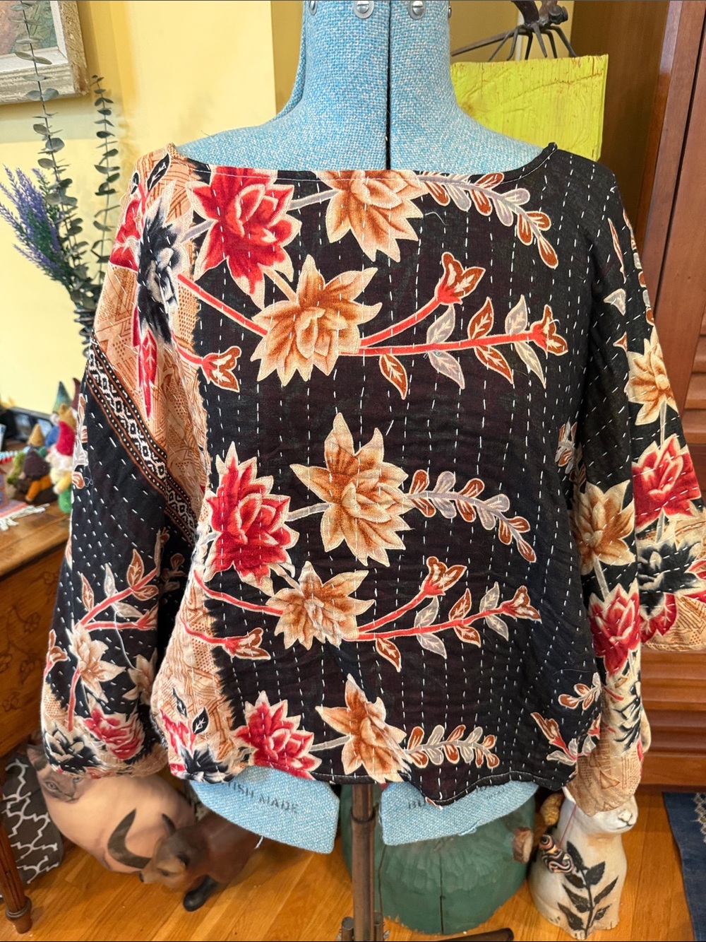 Kantha cotton Black Floral Patchwork Boatneck Blouse with Red & Tan Blooms